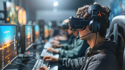 Virtual reality pilot training simulation in aviation school classroom with man taking exam.