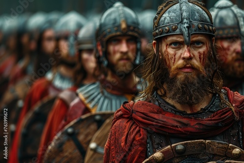 A Viking clad in historical armor, standing prominently amidst a line of warriors, exuding strength and leadership photo