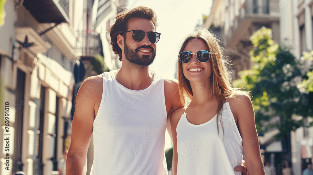 A couple boyfriend and girlfriend wearing blank empty white tank top mockup for design template in the city A couple boyfriend and girlfriend wearing blank empty white tank top mockup for design template in the city