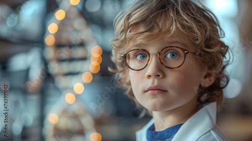 Young child in lab coat studying a DNA model in a science class photo