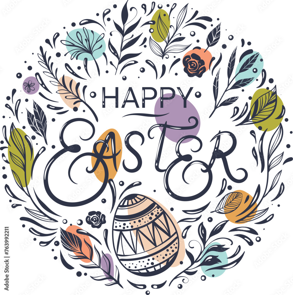 Obraz premium Happy Easter greeting card with hand-drawn floral elements and lettering 