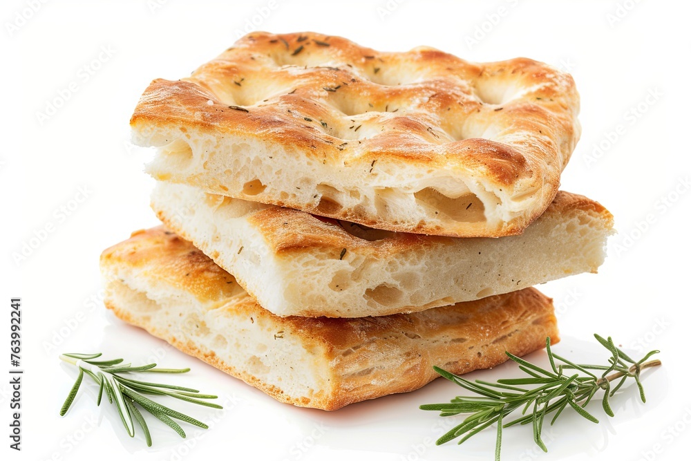 Rosemary focaccia bread, isolated against a white background. Rosemary focaccia bread, isolated against a white background.