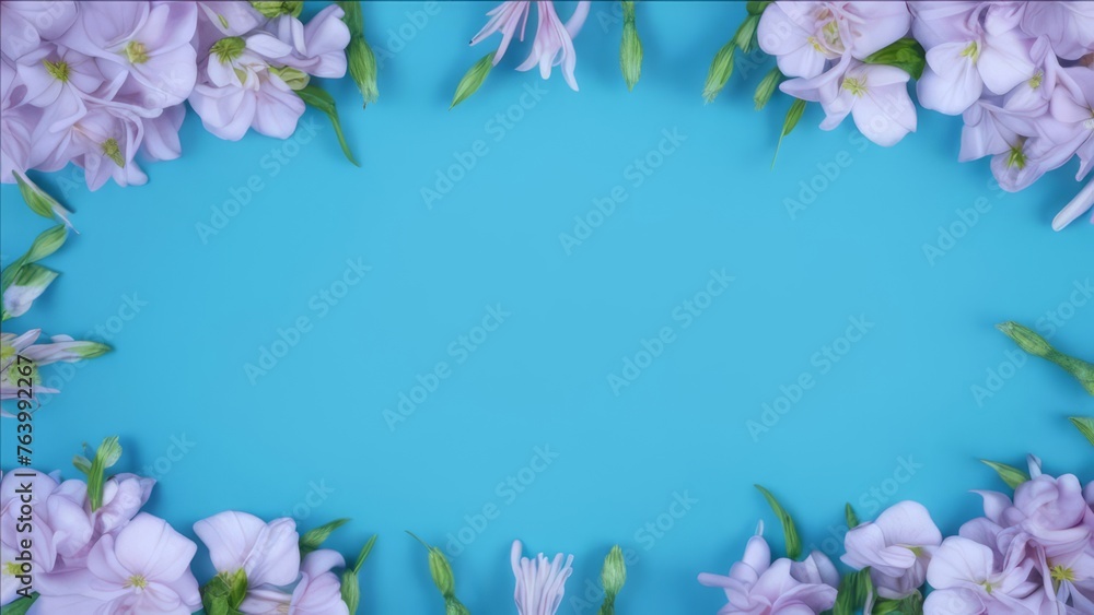 Frame of flowers on the edges of a blue background.