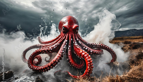 Scary giant red octopus with splashes of water. Black and white smoke. Marine monster.