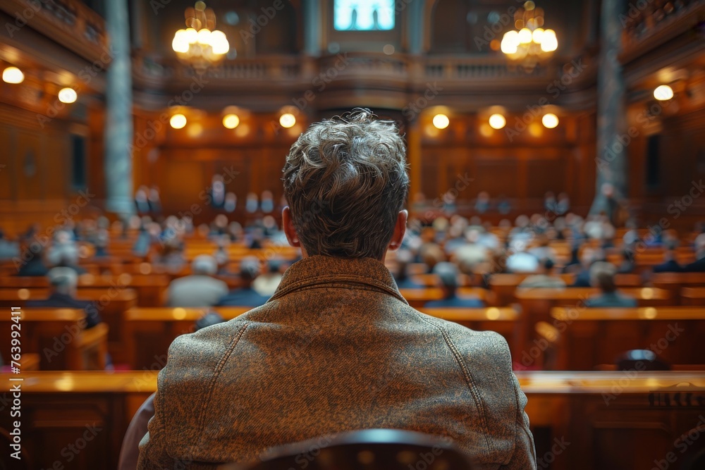 Back view of a person observing an assembly within a grand, ornate hall, symbolizing leadership or observation Back view of a person observing an assembly within a grand, ornate hall, symbolizing leadership or observation