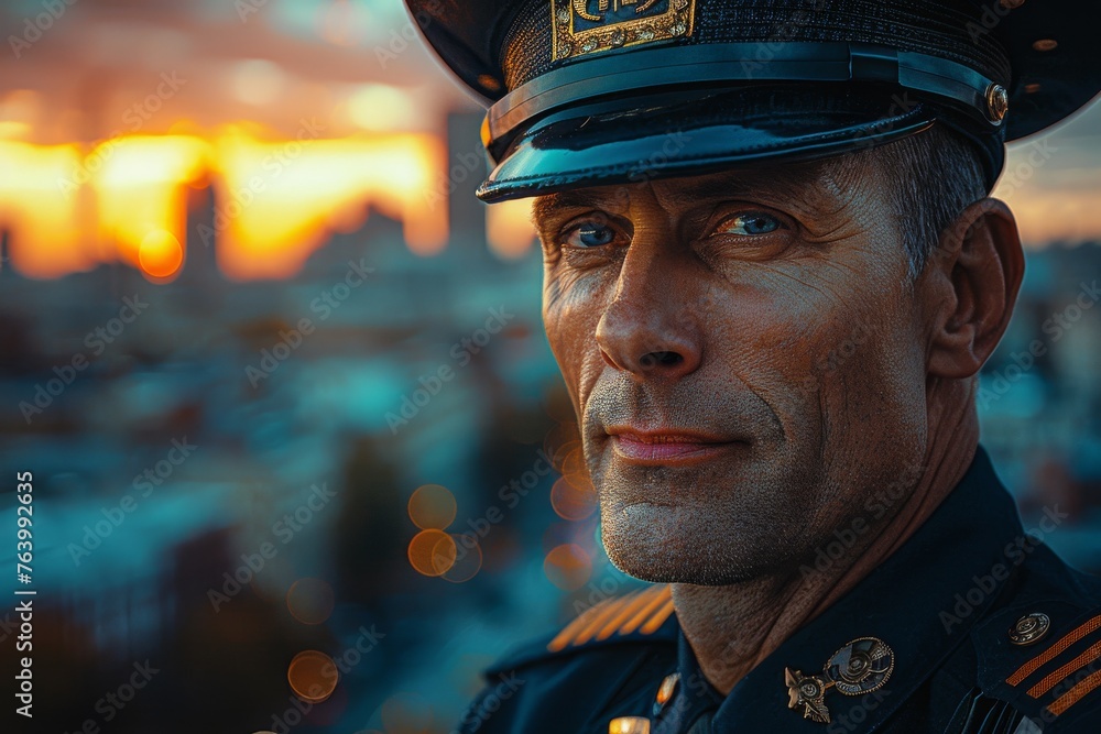 An experienced male police officer is highlighted against a dusk city background, symbolizing vigilance and public safety duties An experienced male police officer is highlighted against a dusk city background, symbolizing vigilance and public safety duties