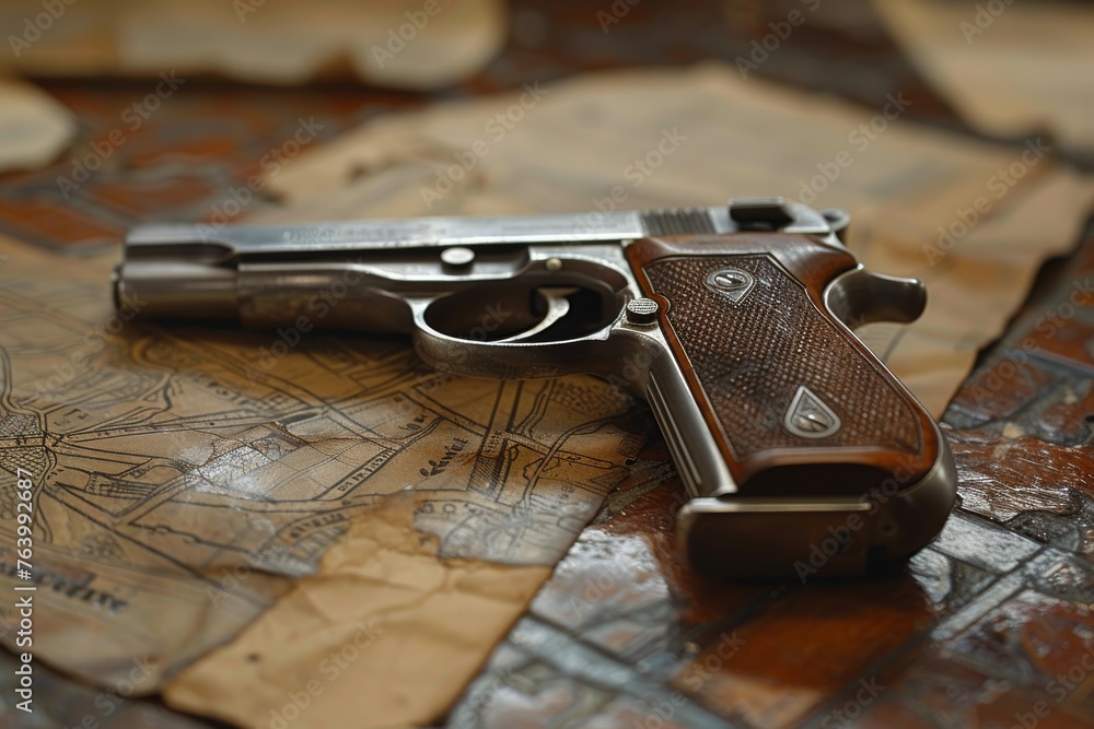 Naklejka premium An old pistol rests on a vintage map, conjuring narratives of historical adventures and timeless exploration dramas