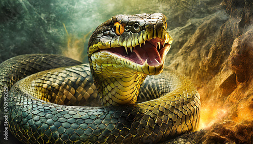 Close-up of large angry snake. Zoo and animal concept.