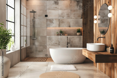 Bathroom interior home home luxury minimalist design style with furniture bathtub  sink  shower  toilet. Modern stylish clean bath room in house or apartment contemporary decoration background.