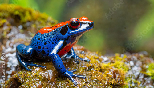 Close-up of blue-jeans frog on stone. Strawberry poison-dart frog. photo