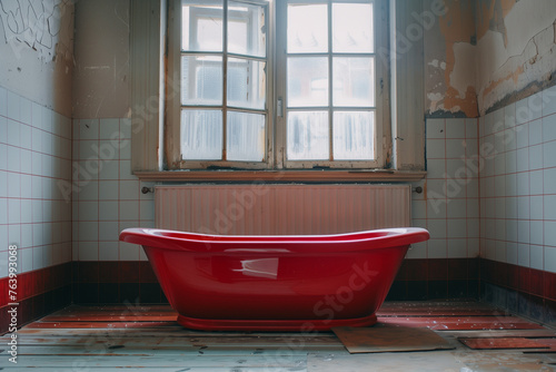 interior of a bathroom with red bath and big window