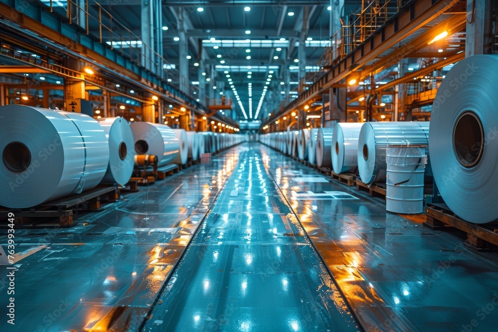 Fototapeta premium A vast warehouse interior glows with ambient light, showcasing large rolls of paper and a polished floor