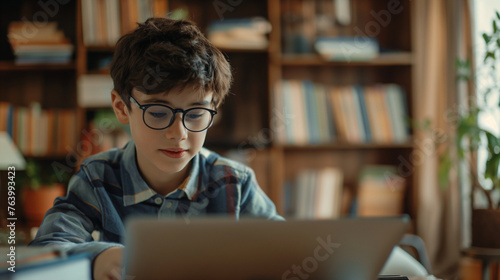 A boy with glasses sits intently at a table with a laptop, surrounded by books. The student peers at the text with passion and determination. Boy doing school assignments in the library photo