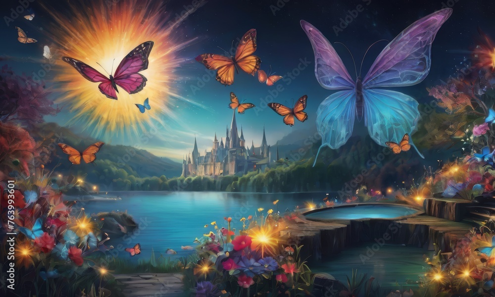 Fototapeta premium A breathtaking sunset over a peaceful lake with radiant butterflies in a dance of colors amidst blossoming flora. AI generation