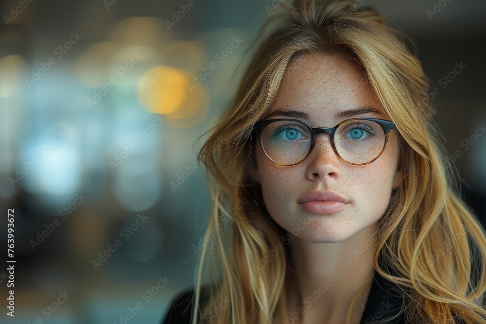 Indistinct face of a blonde businesswoman with sharp style, set against a dynamic blurred urban background Indistinct face of a blonde businesswoman with sharp style, set against a dynamic blurred urban background