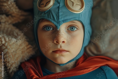 Imaginative child dressed as superhero with cape and mask