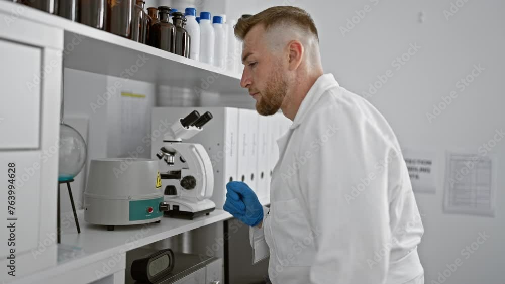 A young bearded man in a lab examining samples through a microscope, portraying a scientist at work. A young bearded man in a lab examining samples through a microscope, portraying a scientist at work.