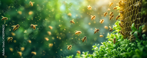 Swarm of Honey Bees Flying in Sunlit Garden Near Beehive 