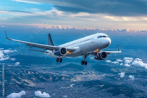 A dynamic image showing a commercial airplane's descent towards an urban landscape with clear skies