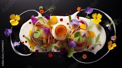 A plate of exquisite culinary composition with vibrant edible flowers and herbs, showcasing the harmony of nature and gastronomy, suitable for fine dining promotion and culinary artistry narratives.