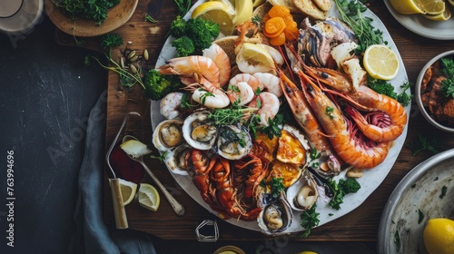 An opulent seafood platter overflowing with fresh crustaceans and shellfish, embodying the essence of a coastal feast, perfect for seafood markets, culinary arts, and gastronomy-focused content.