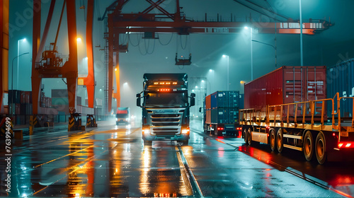 Freight Transports in a Rainy City Street with Glowing Lights