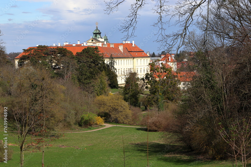 Lednice-Valtice area in the Czech Republic. Rear view of Valtice castle from the castle garden. Monument of the 11th century. Czech history. Spring, March.