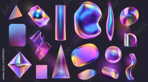 Intricate geometric patterns, holographic elements, gradient shapes, abstract forms. Modern illustration with 90s and 2000s vibes. Reflective metallic surfaces reminiscent of glassmorphism and