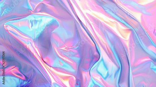 It is a blue hologram texture with a pink soft background. Unicorn foil. Abstract background. Shiny shapes. A pop gasoline brochure with blue hologram texture and iridescent gradient. Chrome light.