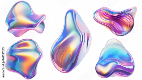 Iridescent chrome fluid bubble set isolated on white background. Render of abstract holographic metal blob with rainbow gradient effect. 3D modern geometric illustration.
