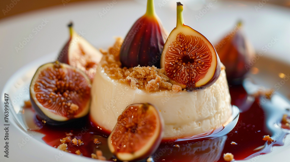 A gourmet panna cotta dessert adorned with fresh fig slices and drizzled with a rich berry coulis, elegantly presented on a white porcelain plate.