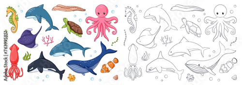 Canvas Print Undersea animals set for coloring book in cartoon and line art