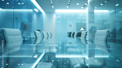 A defocused scene of modern business office interior room for background in business concepts. Meeting room. Corporate business office. Blur light blue background of modern executive office interior. © Artinun