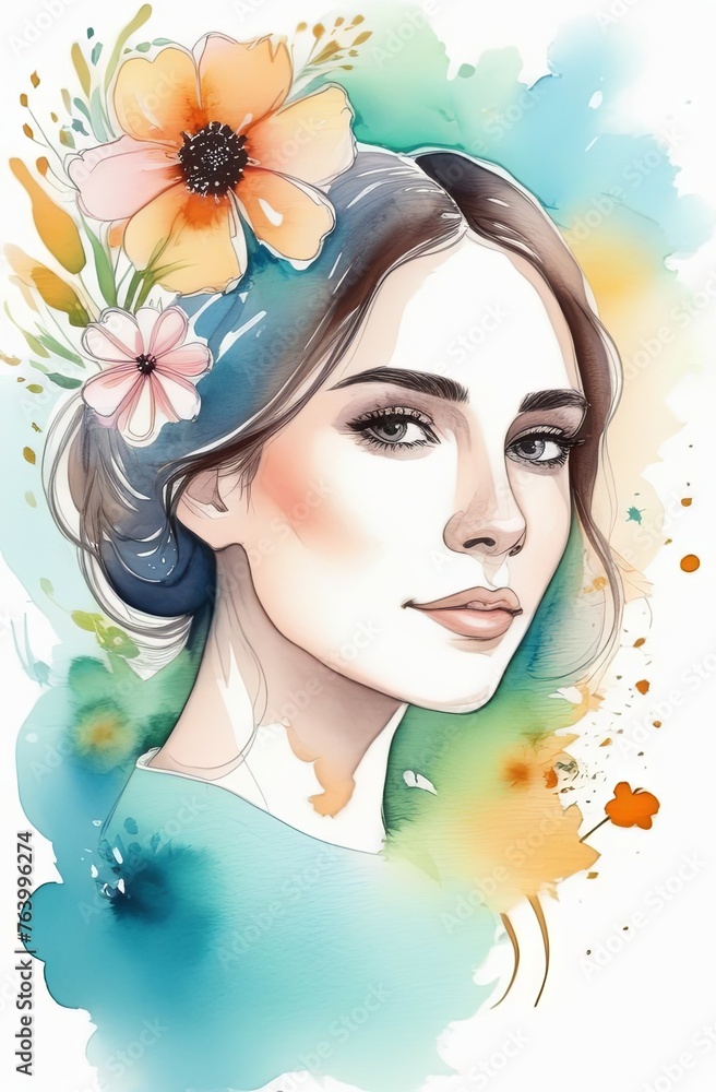Portrait of a brunette girl surrounded by flowers. A greeting card for a woman. With a place for the text. International Women's Day. Poster for beauty salons, spas. Watercolor illustration