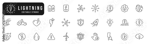 Set of lightning line icons. Energy, flach, power, electric, bolt etc. Editable stroke
