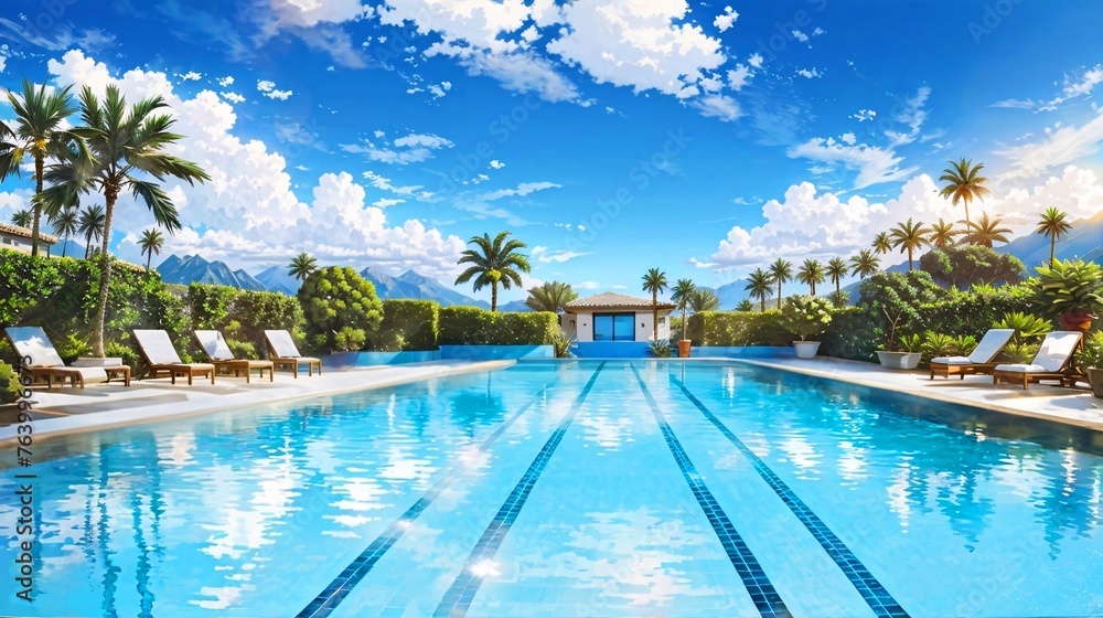 屋外のプールのアニメ風イラスト、青い夏の背景