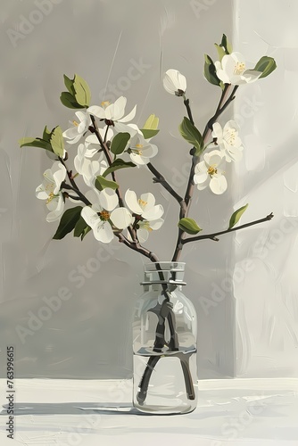 oil painting style  depicting a branch of white bud flowers in a clear glass vase on a smooth surface, set against a minimalist white and grey background 