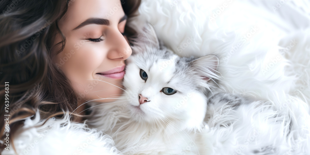 Fashion Surreal Concept. Pretty smiling girl hug cuddle a white furry cat kitten kitty in morning sunlight . illuminated dynamic composition and dramatic lighting. copy text space Fashion Surreal Concept. Pretty smiling girl hug cuddle a white furry cat kitten kitty in morning sunlight . illuminated dynamic composition and dramatic lighting. copy text space