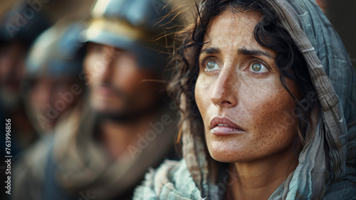 A concerned woman with soldiers in the background, evoking Mary at the crucifixion.