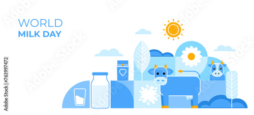 World Milk Day. Modern background with cow, milk, flowers. Vector illustration of geometric shapes.
