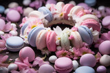 Tasty french macaroons background. Mother's day, independence woman's day. Sweets and desserts.