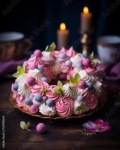 Easter Pavlova cake wreath of french meringue. Dessert  sweets.