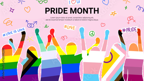 Vector collage for Pride Month. Vector illustration with paper silhouettes of people colored pride month flags. Collage with cut out paper silhouettes and doodles for decoration of LGBT events.