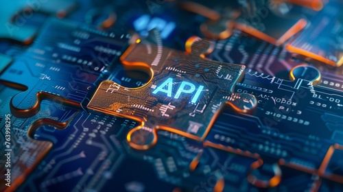 Digital representation of API integration concept with interlocking puzzle pieces against a futuristic tech-inspired abstract background, symbolizing connectivity and interoperability.