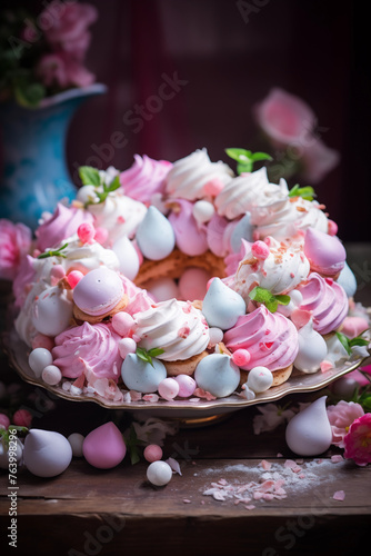 Easter Pavlova cake wreath of french meringue. Dessert, sweets.