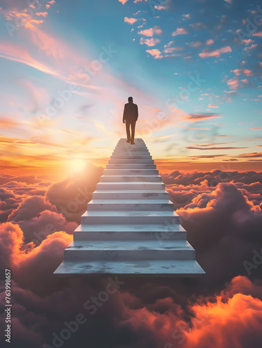 Man ascending staircase to the sky - A solitary figure progresses up a celestial staircase towards a vibrant, cloud-filled sky, evoking themes of ambition and ascension