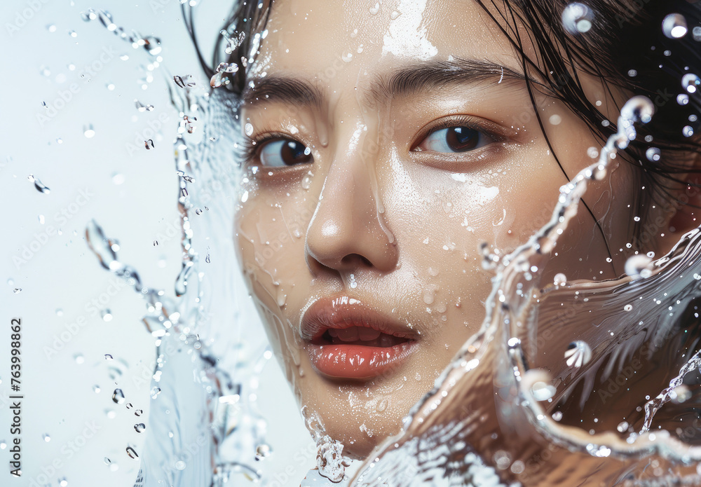 Water splashes on a beautiful woman's korean face against a white background in the style of a beauty and skin care concept