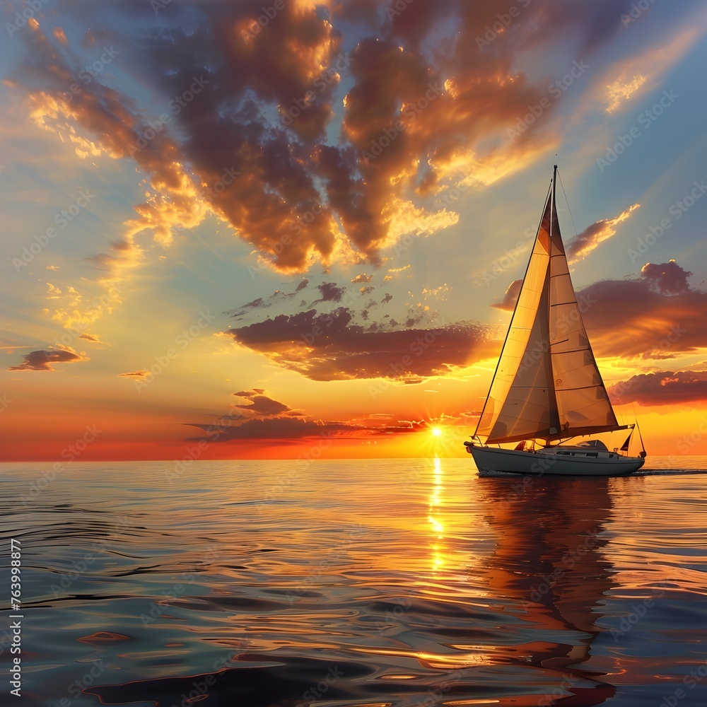 Sailboat on the serene ocean at sunset - A single sailboat on calm waters against a beautiful sunset, reflecting the orange hues on the ocean surface