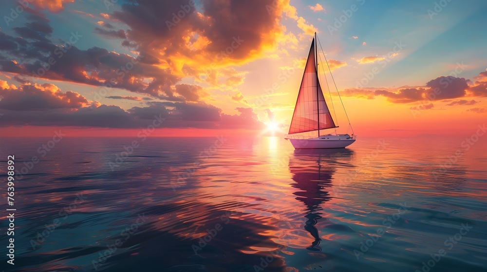 Sailboat sailing under a fiery sunset sky - A sailboat on a calm ocean with vibrant, fiery colors of sunset reflecting on the water’s surface
