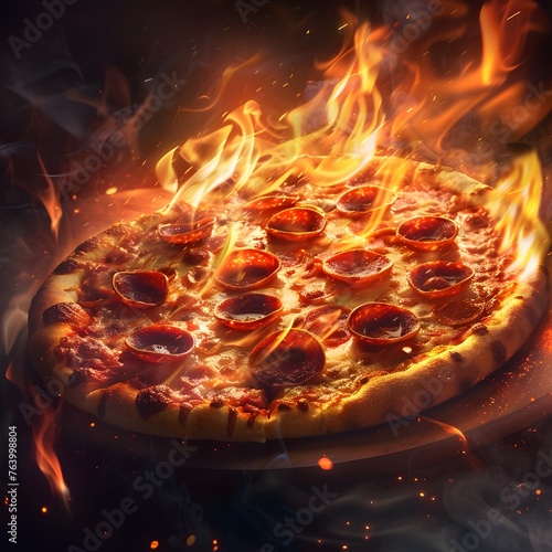 Hot pepperoni pizza with melting cheese - A mouth-watering close-up of a freshly baked pepperoni pizza with melting cheese and fiery flames in the background, symbolizing heat and flavor